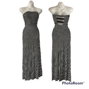 Black and white pinstripe empire waisted strapless maxi dress size S